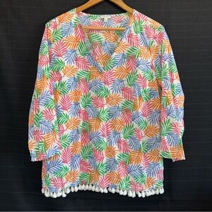 Talbots Petite 3/4 Sleeve Multicolor Palm Tropical Tunic Shirt Tassel Trim LP